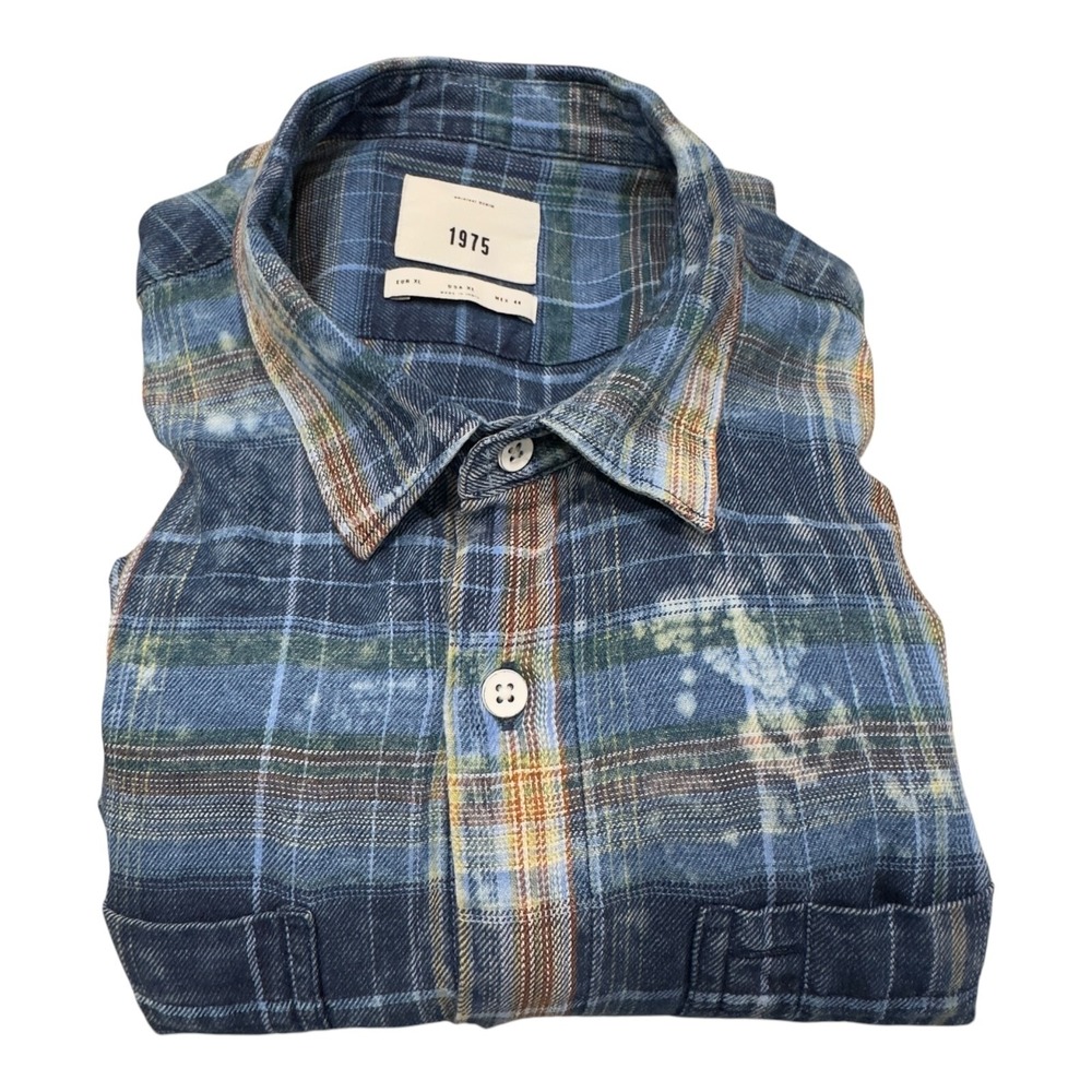 Zara 1975 Plaid Flannel Shirt Mens XL Blue Bleached Distressed Button Down